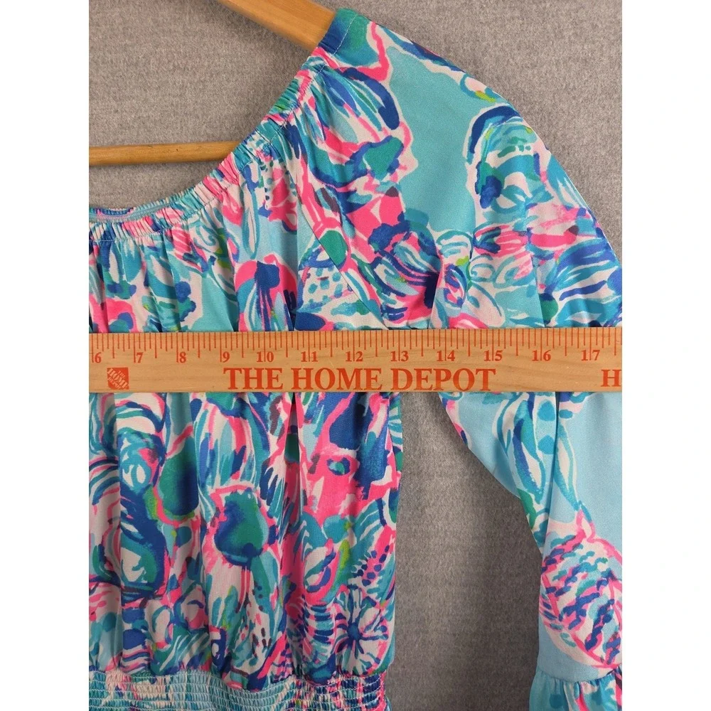 Lilly Pulitzer Girls L Off Shoulder Sundress Romper Skirt Blue Pink Bell Sleeve